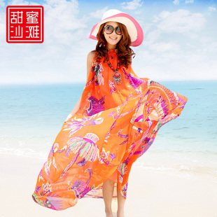 沙滩裙波西米亚长裙雪纺连衣裙夏季海边度假印花大摆裙女送腰带