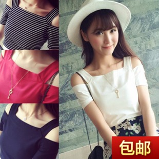 2015夏季新款 学院风时尚气质修身显瘦女生吊带露肩短袖T恤上衣