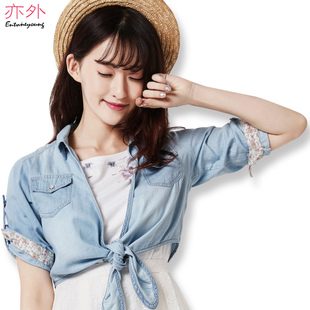 韩版牛仔短袖女士薄短牛仔衬衫款下摆系带牛仔衬衣