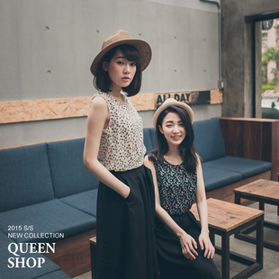 QUEENSHOP 2015春夏新品女装印花图案拼接无袖连身裤