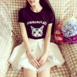 <b>韩国甜美小清新刺绣猫咪蓬蓬裙欧根纱短裙套装连衣裙</b>